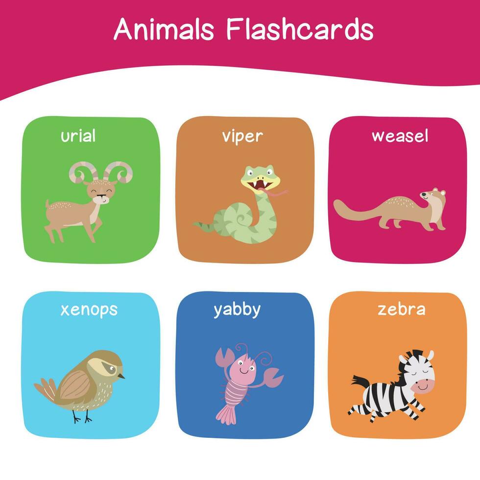 Printable alphabet animal flashcards collection for learning english. Educational game for kindergarten and preschool kids. Cute cartoon characters. Vector illustrations.