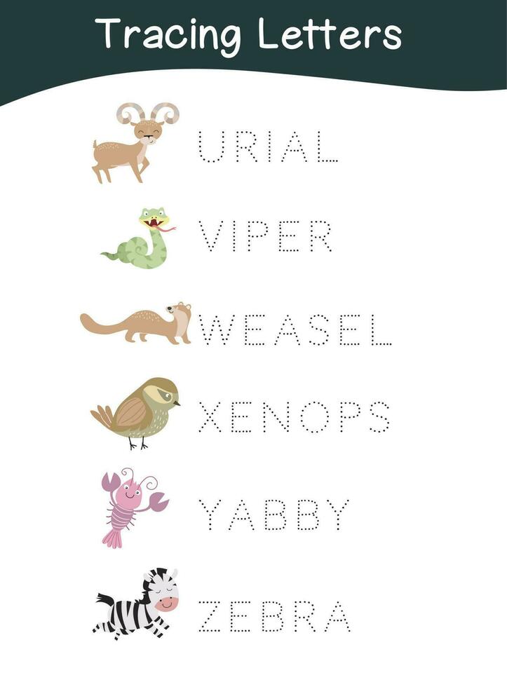 Tracing the animal names for preschool children. Practicing the writing for early age children. Printable and colourful worksheet. Vector file.