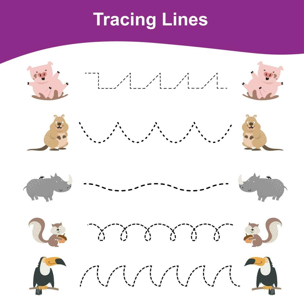 Tracing Lines Game Animals Edition. Educational worksheet. Worksheet activity for preschool kids. Preschool Education. Vector illustration.