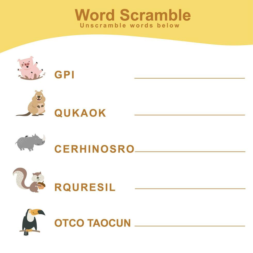 Word Scramble Game worksheet. Printable worksheet for children. Writing activity vector