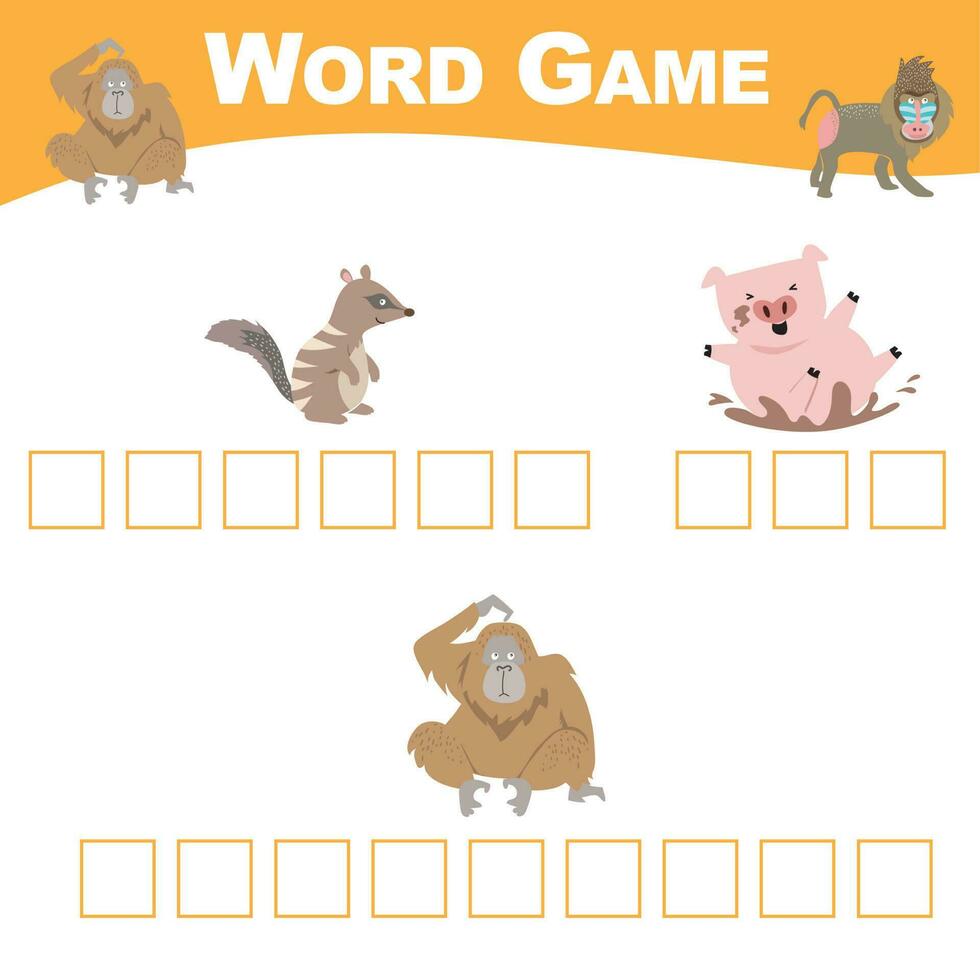 Word game sheet. Complete the words. Animals Theme Names Worksheet. Educational activity for preschool kids. Vector illustration.