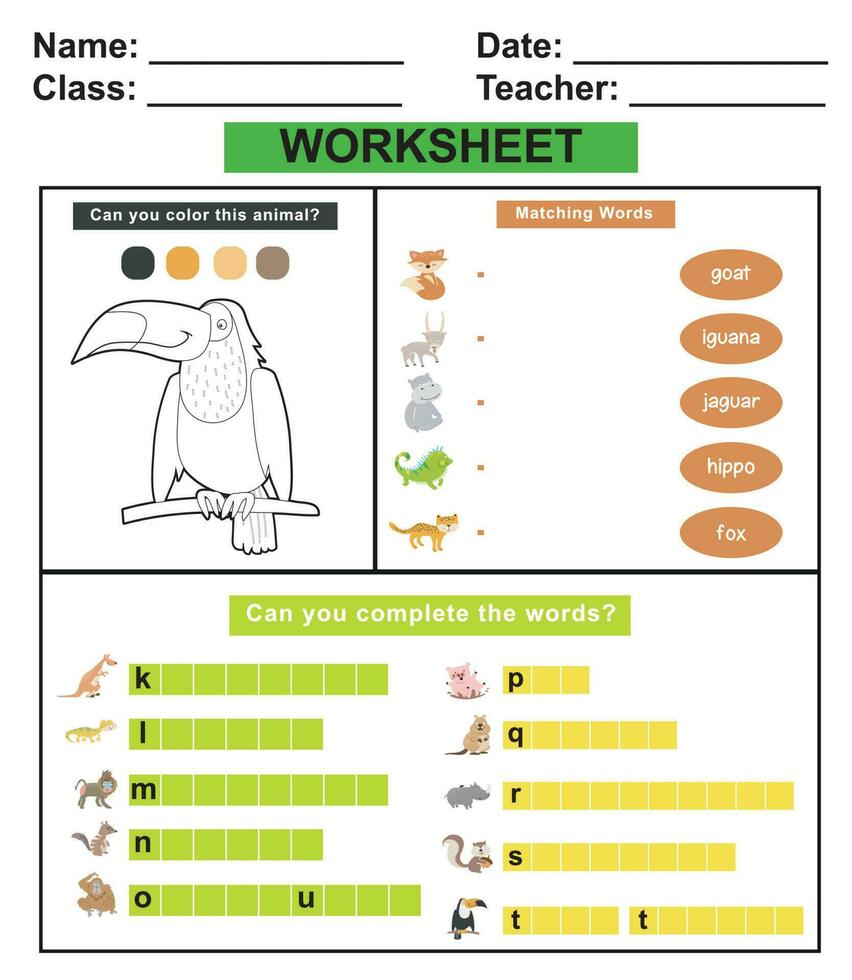 Children worksheet with animal theme. Educational activity sheet for preschool kids. Coloring, matching and write animal names. Vector illustration.