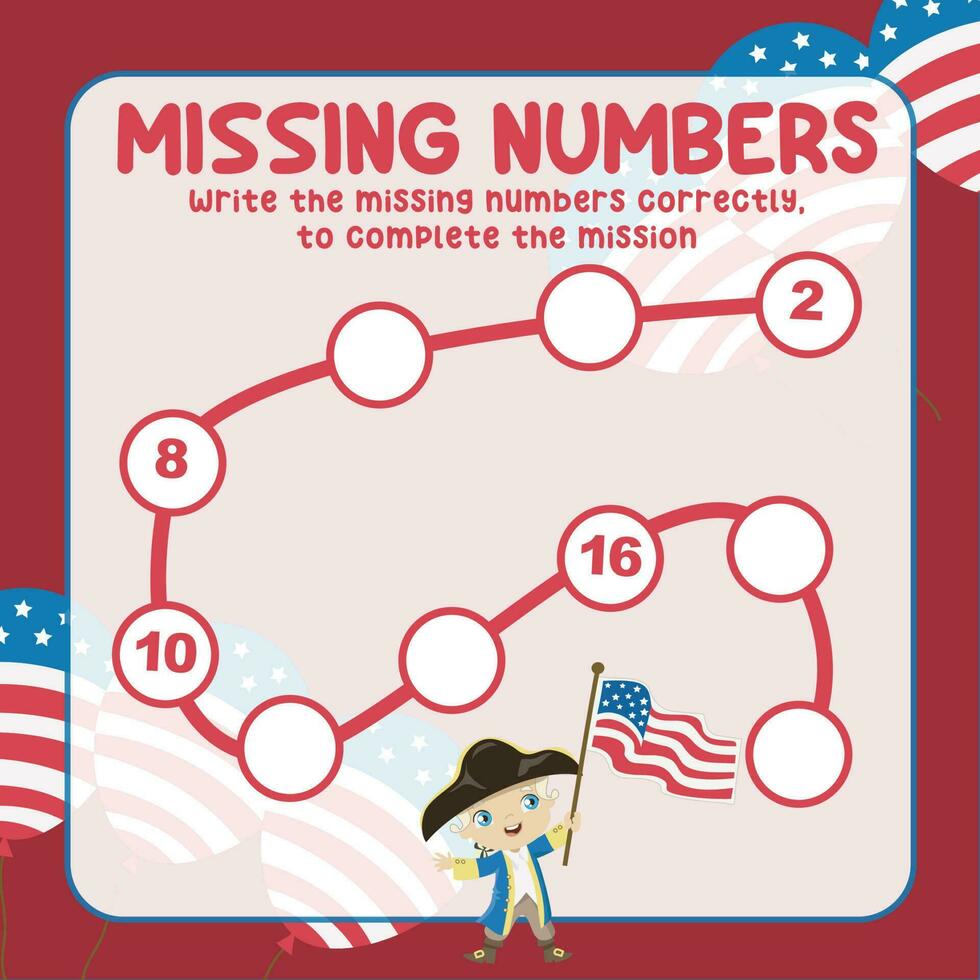 Missing numbers. Write the answer correctly. Educational printable math worksheet. Count and write activity. Counting practice. Vector file.