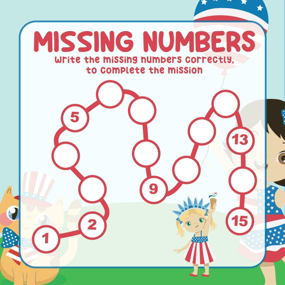 Missing numbers. Write the answer correctly. Educational printable math worksheet. Count and write activity. Counting practice. Vector file.
