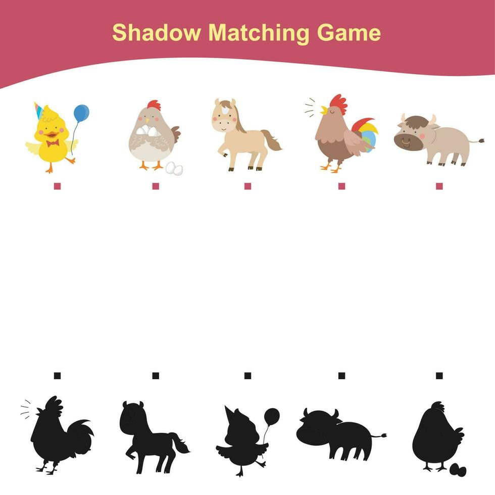 Find the correct shadow. Kids educational game. Farm animals theme. Vector illustration.