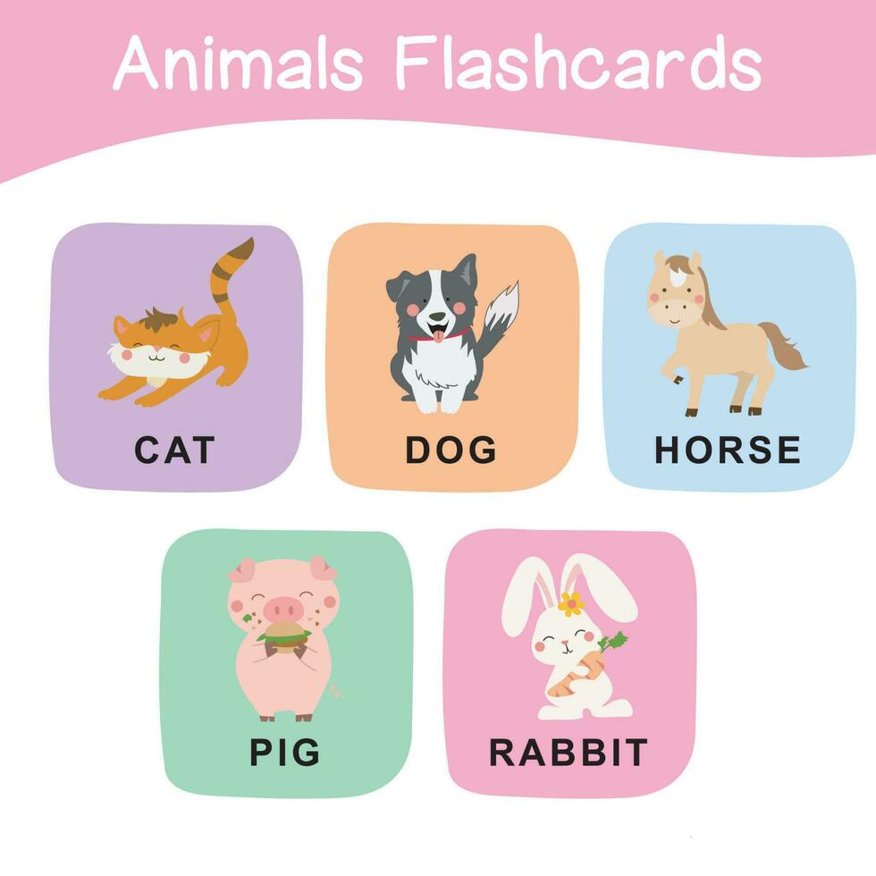 Cute flashcard of animal farm. Educational printable game cards. Colorful printable flashcards. Vector illustration.