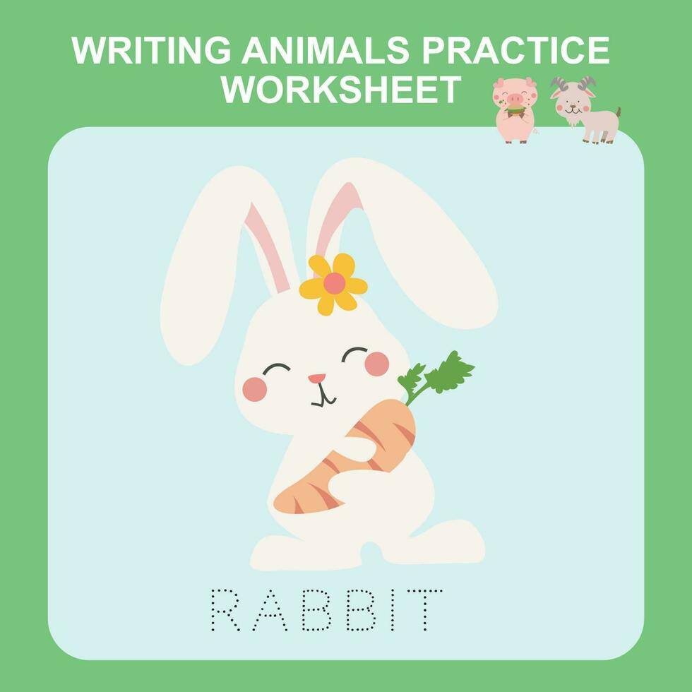 Illustration of writing animal practice worksheet. Educational printable worksheet. Exercises lettering game for kids. Vector illustration.