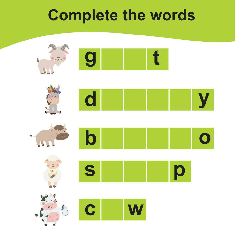 Complete the words. Worksheet for preschool. Writing practice. Vector illustration.