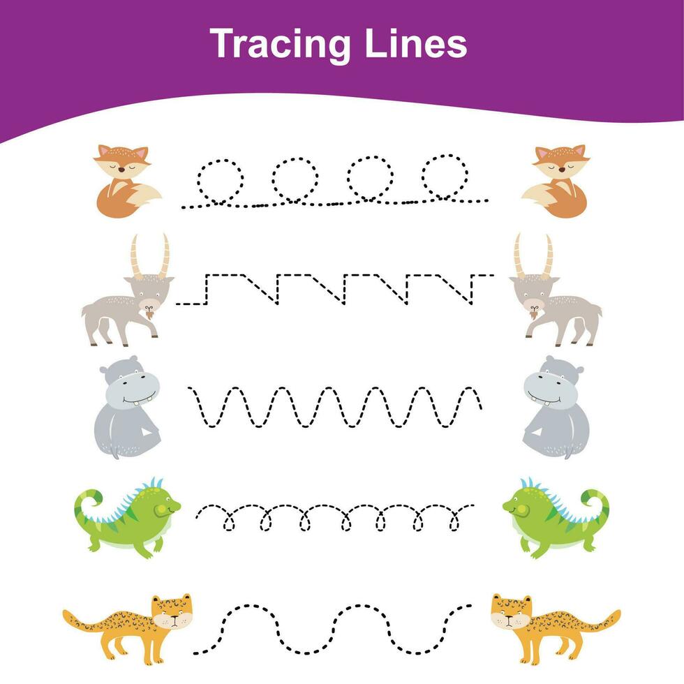 Tracing Lines Game Animals Edition. Educational worksheet. Worksheet activity for preschool kids. Preschool Education. Vector illustration.