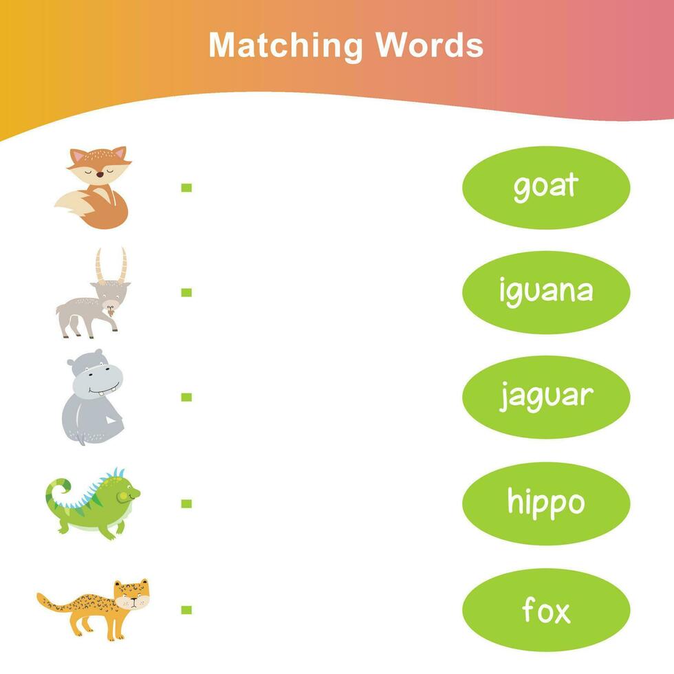 Read and match worksheet game. English alphabet with cartoon animals set. Matching words with images using funny animals sets for kids. Vector illustration.