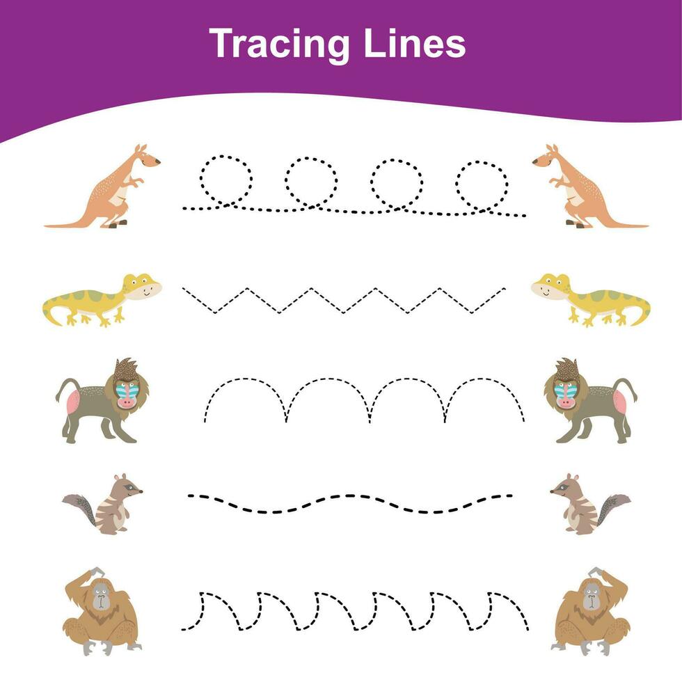 Tracing Lines Game Animals Edition. Educational worksheet. Worksheet activity for preschool kids. Preschool Education. Vector illustration.