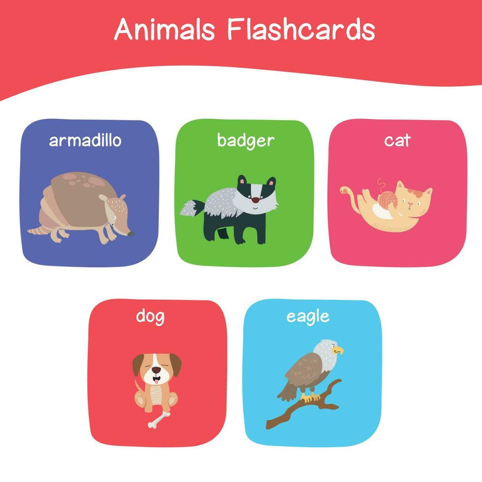 Printable alphabet animal flashcards collection for learning english. Educational game for kindergarten and preschool kids. Cute cartoon characters. Vector illustrations.
