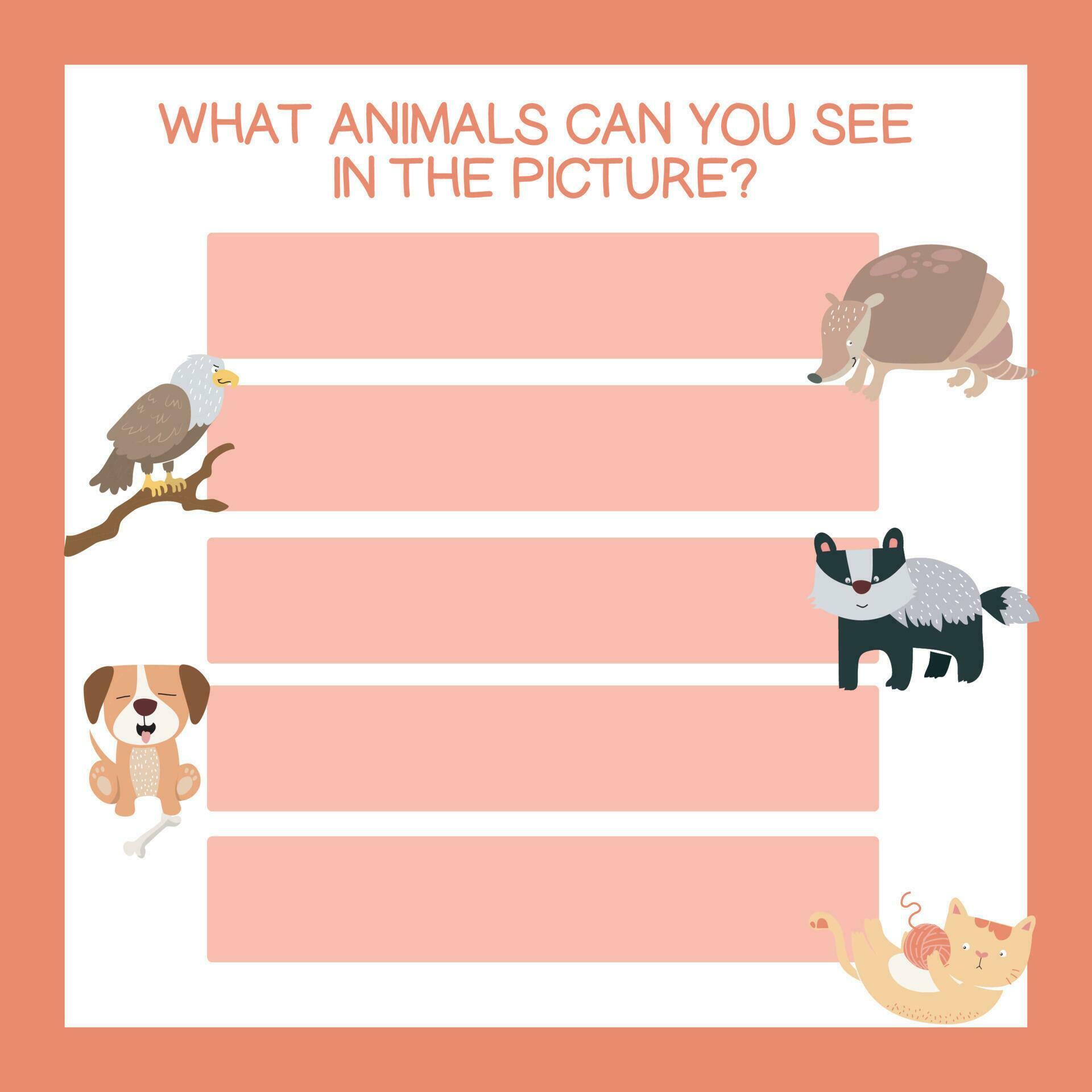 What animals can you see in the picture worksheet. Cute printable template. Preschool Education