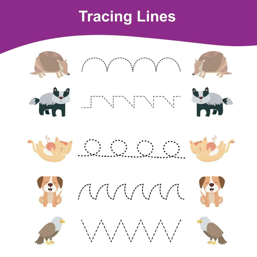 Tracing Lines Game Animals Edition. Educational worksheet. Worksheet activity for preschool kids. Preschool Education. Vector illustration.