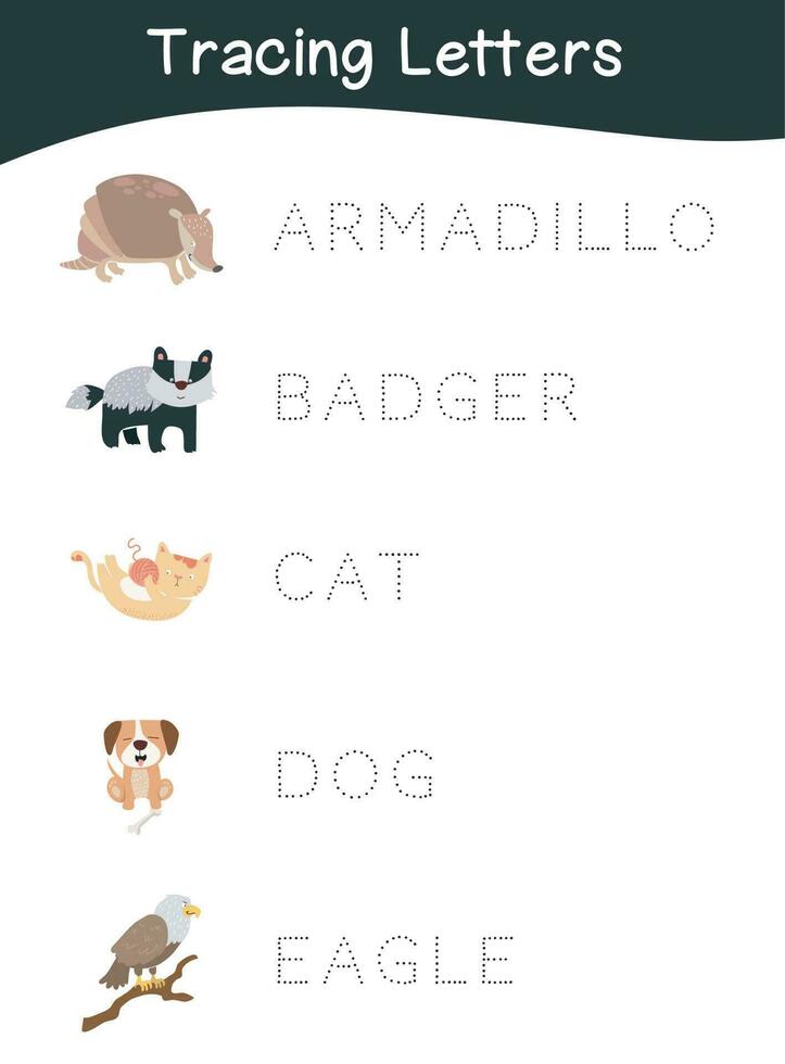 Tracing the animal names for preschool children. Practicing the writing
