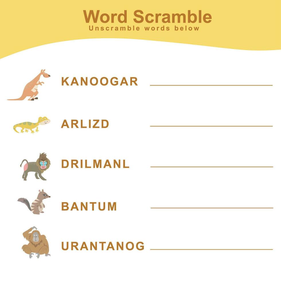 Animals Spelling Word Scramble. Spelling words worksheet. Educational activity for preschool kids. Vector illustration.