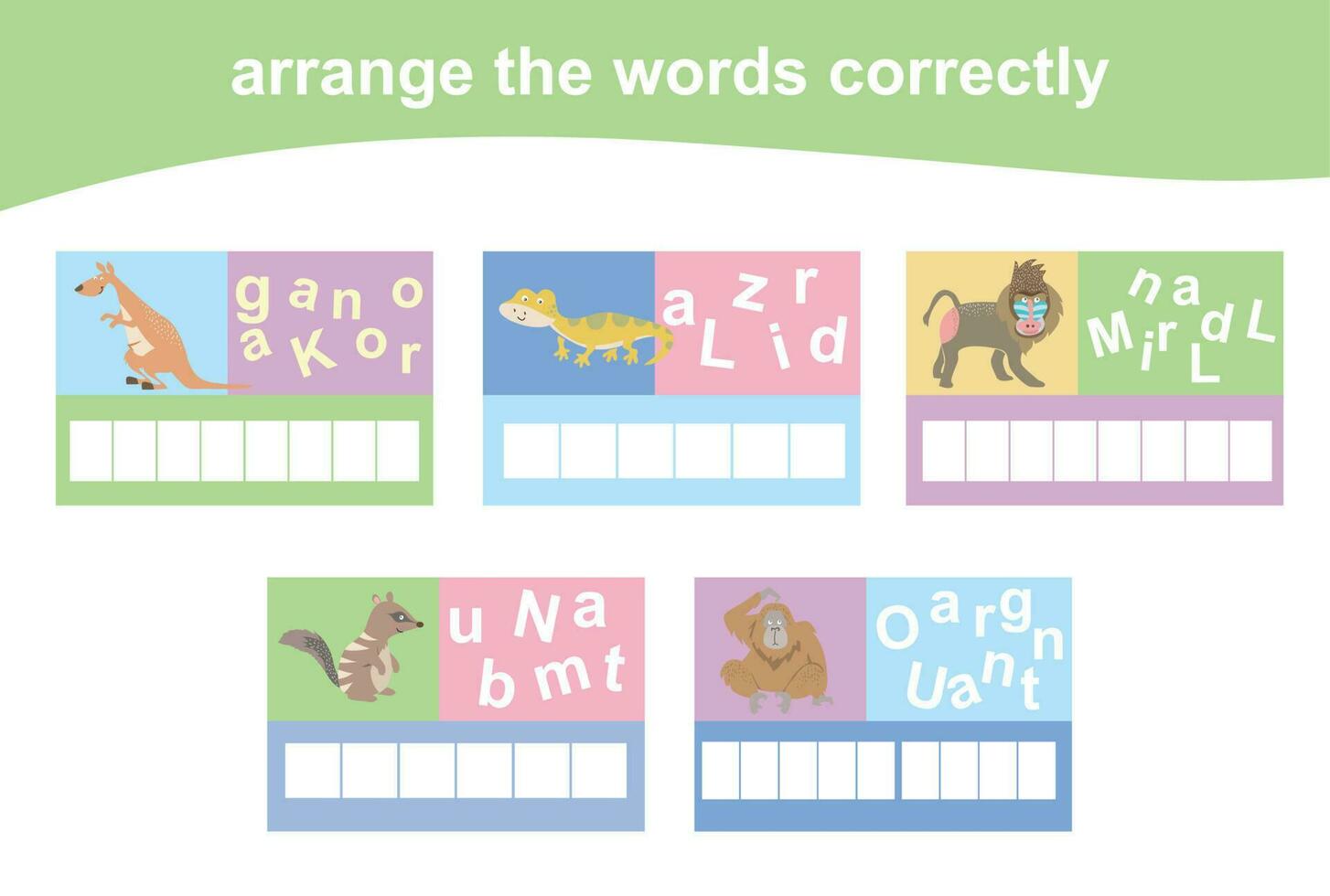 Arrange the words correctly. Worksheet for preschool. Writing practice. Vector file.