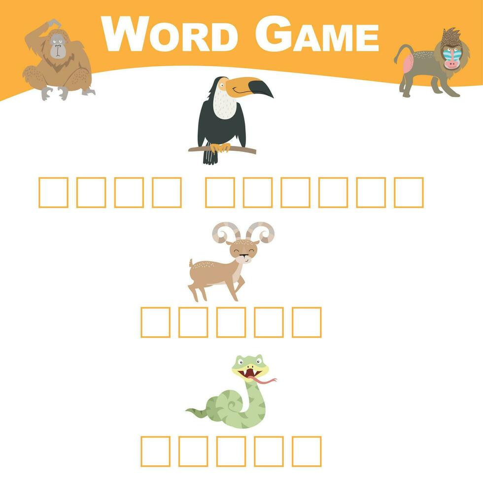 Word game sheet. Complete the words. Animals Theme Names Worksheet. Educational activity for preschool kids. Vector illustration.