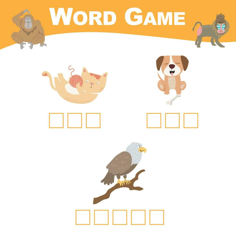 Word game sheet. Complete the words. Animals Theme Names Worksheet. Educational activity for preschool kids. Vector illustration.