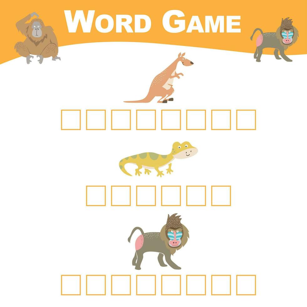 Word game sheet. Complete the words. Animals Theme Names Worksheet. Educational activity for preschool kids. Vector illustration.
