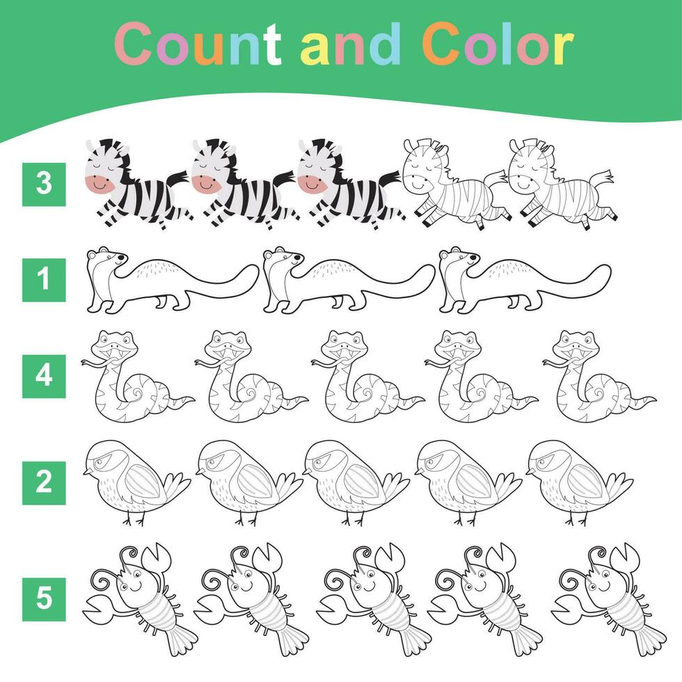 Count and Color worksheet for children. Educational printable worksheet. Vector illustrations.