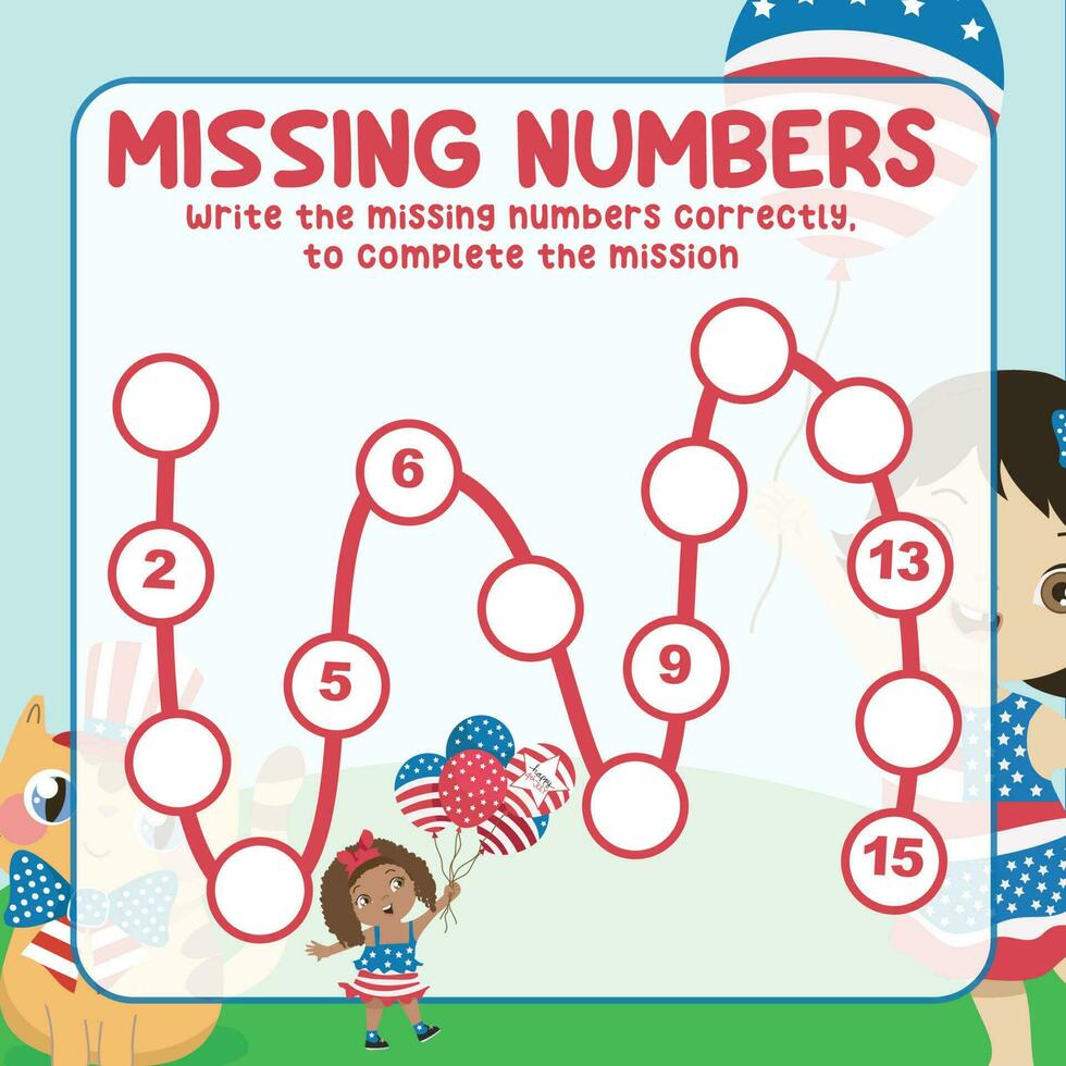 Missing numbers. Write the answer correctly. Educational printable math worksheet. Count and write activity. Counting practice. Vector file.
