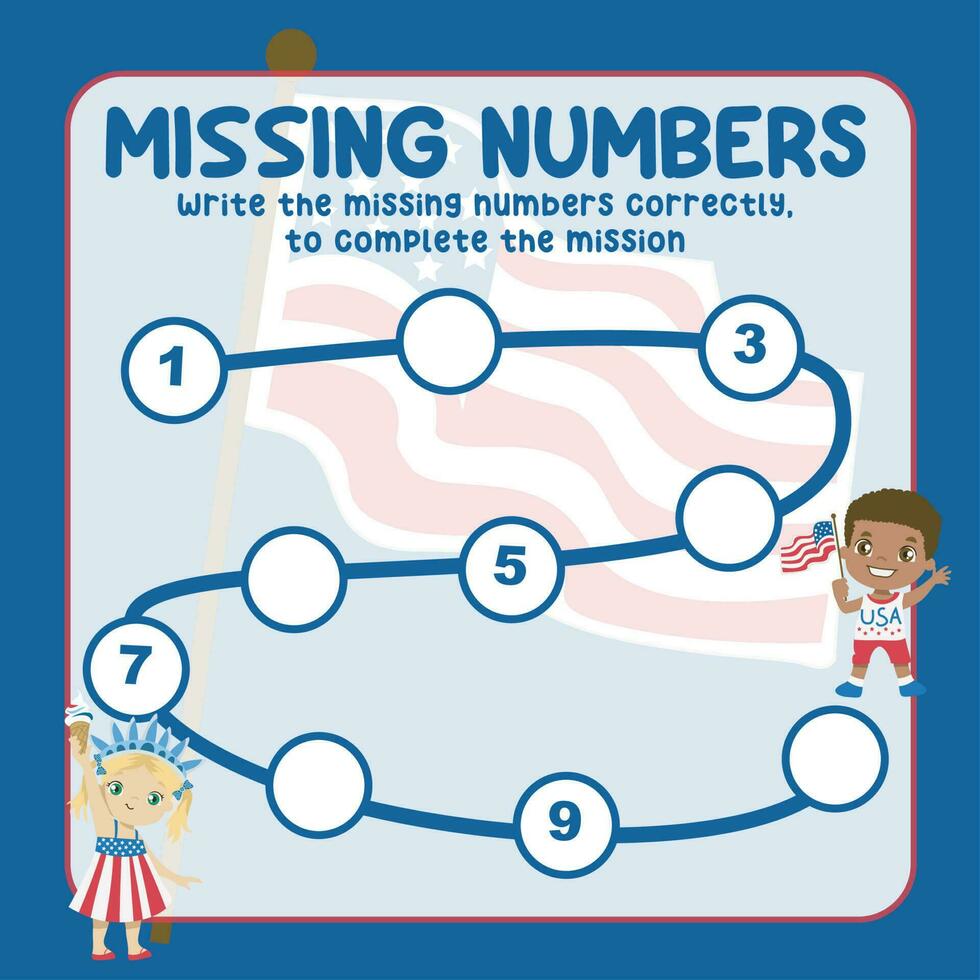 Missing numbers. Write the answer correctly. Educational printable math worksheet. Count and write activity. Counting practice. Vector file.