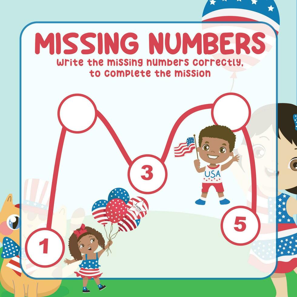 Missing numbers. Write the answer correctly. Educational printable math worksheet. Count and write activity. Counting practice. Vector file.