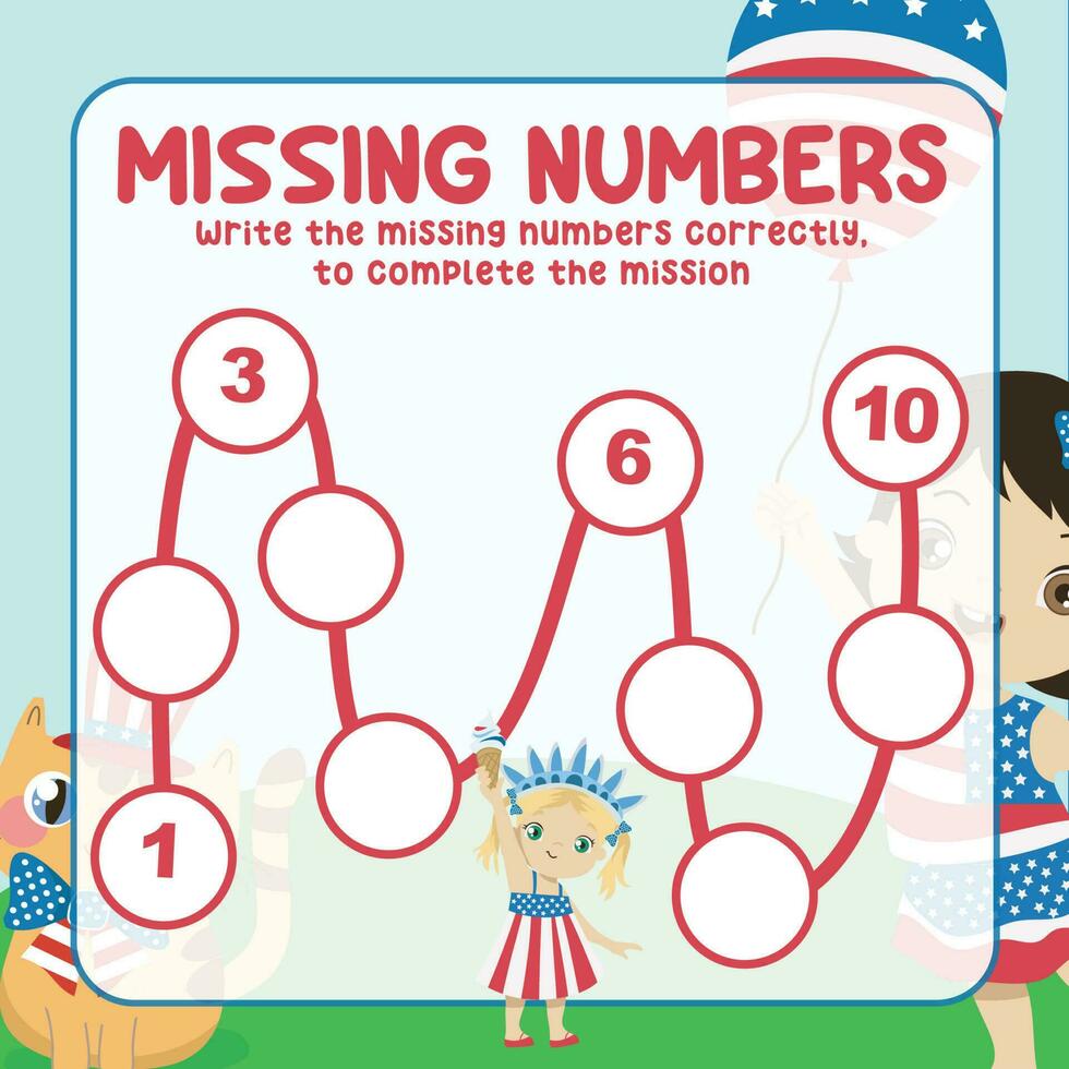 Missing numbers. Write the answer correctly. Educational printable math worksheet. Count and write activity. Counting practice. Vector file.