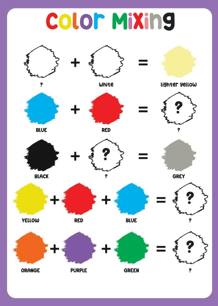 Mixing color worksheet. Learning about color. Educational sheet for preschool. Vector illustration.