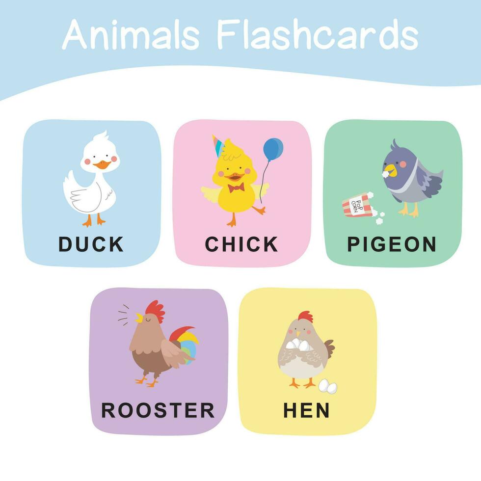 Cute flashcard of animal farm. Educational printable game cards. Colorful printable flashcards. Vector illustration.