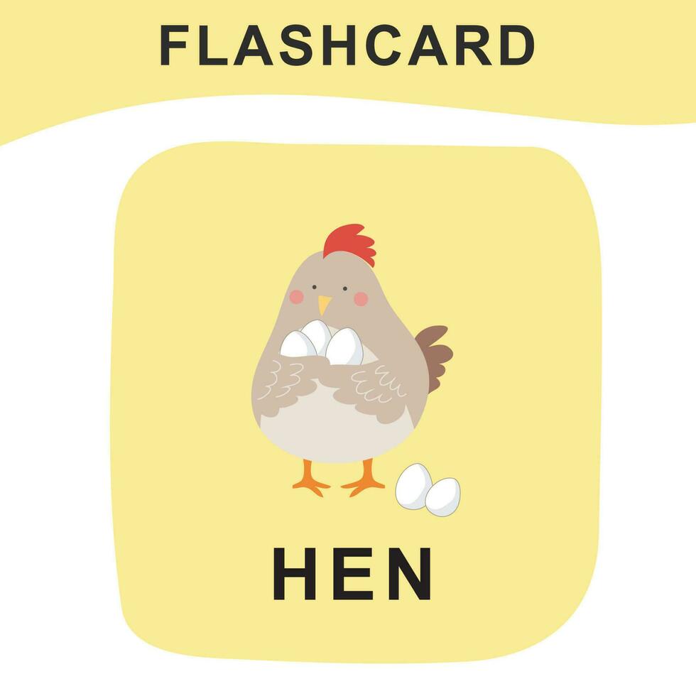 Cute flashcard of animal farm. Educational printable game cards. Colorful printable flashcards. Vector illustration.