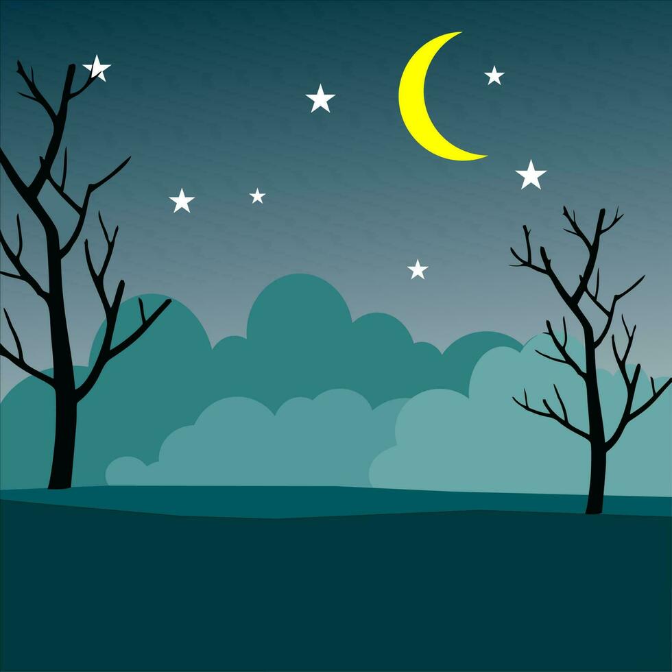 paisaje nocturno con siluetas de árboles y hermoso cielo nocturno con estrellas y la luna. vector
