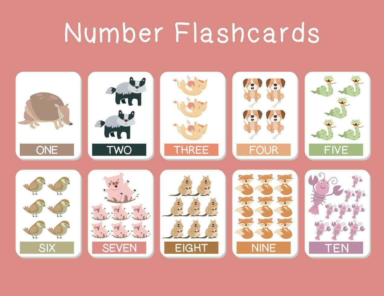 Cute number flashcards with animals set. English counting 1 to ten. Vector illustration.