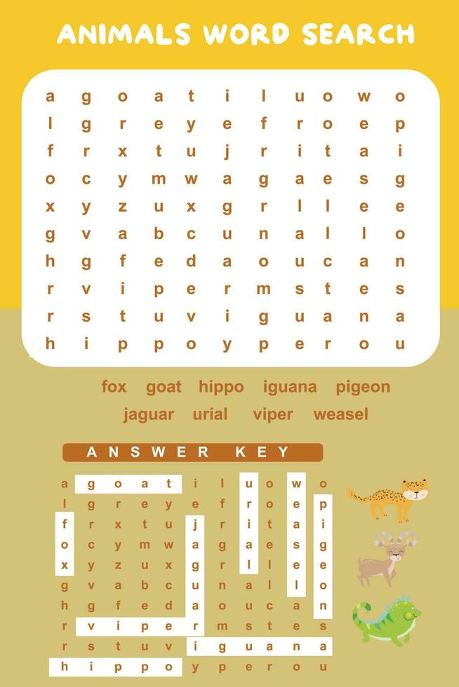 Animals Word Search worksheet. Educational worksheet for preschool. Vector illustration file.