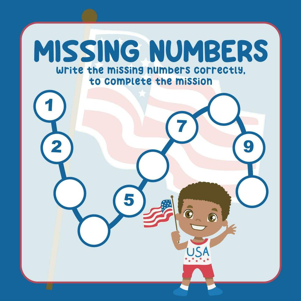 Missing numbers. Write the answer correctly. Educational printable math worksheet. Count and write activity. Counting practice. Vector file.