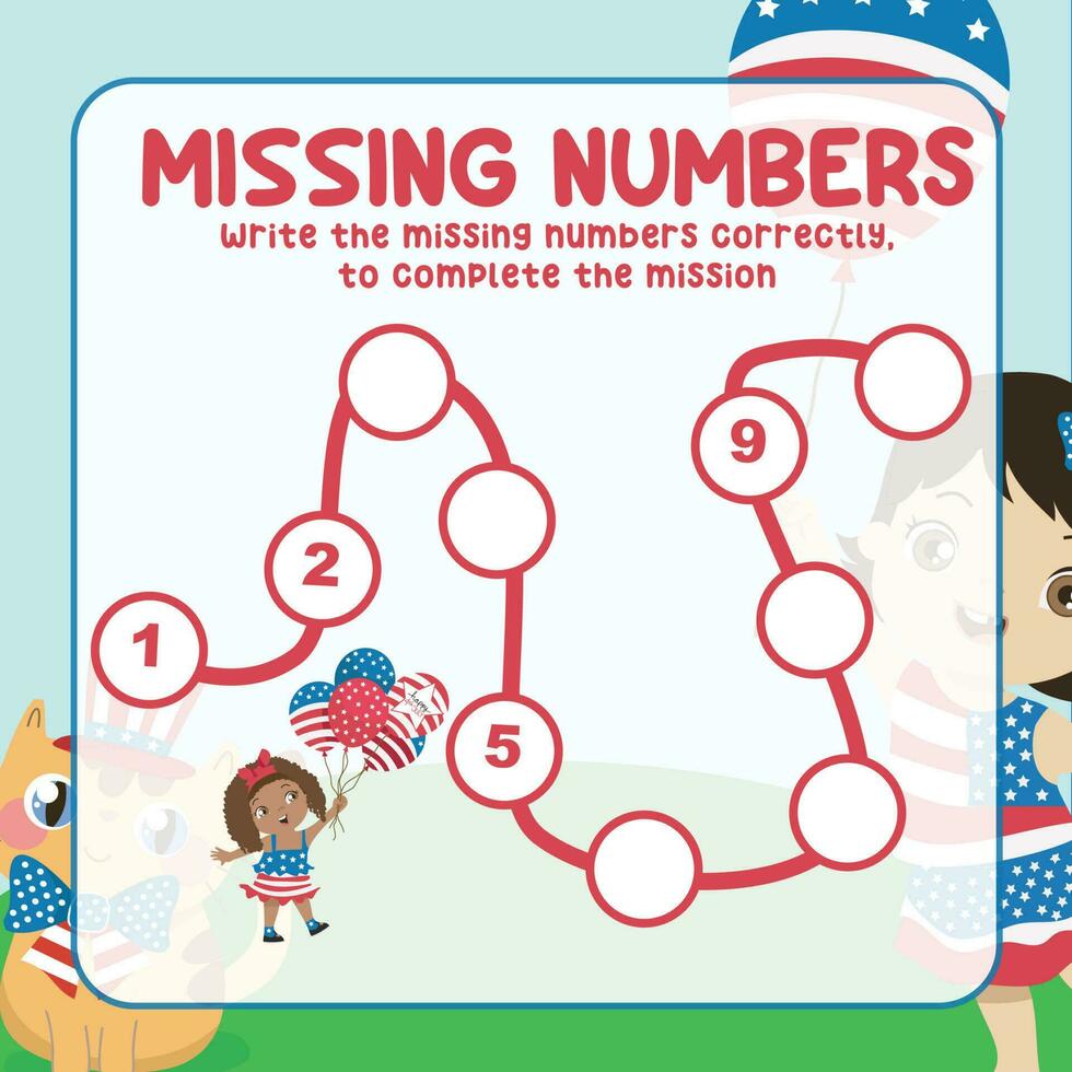 Missing numbers. Write the answer correctly. Educational printable math worksheet. Count and write activity. Counting practice. Vector file.