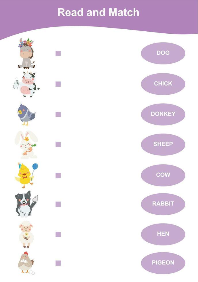 Matching words worksheet. Farm animal theme worksheet. Matching words with images using funny farm animals for kids. Vector illustration.