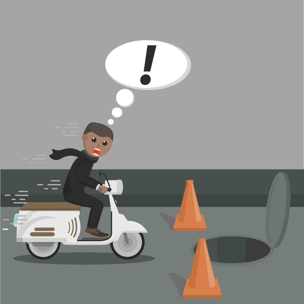 businessman african drive with scooter panic beause open sewer hole design character on white background vector