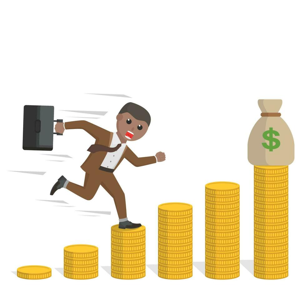 empresario africano arriba el escalera de dinero diseño personaje en blanco antecedentes vector