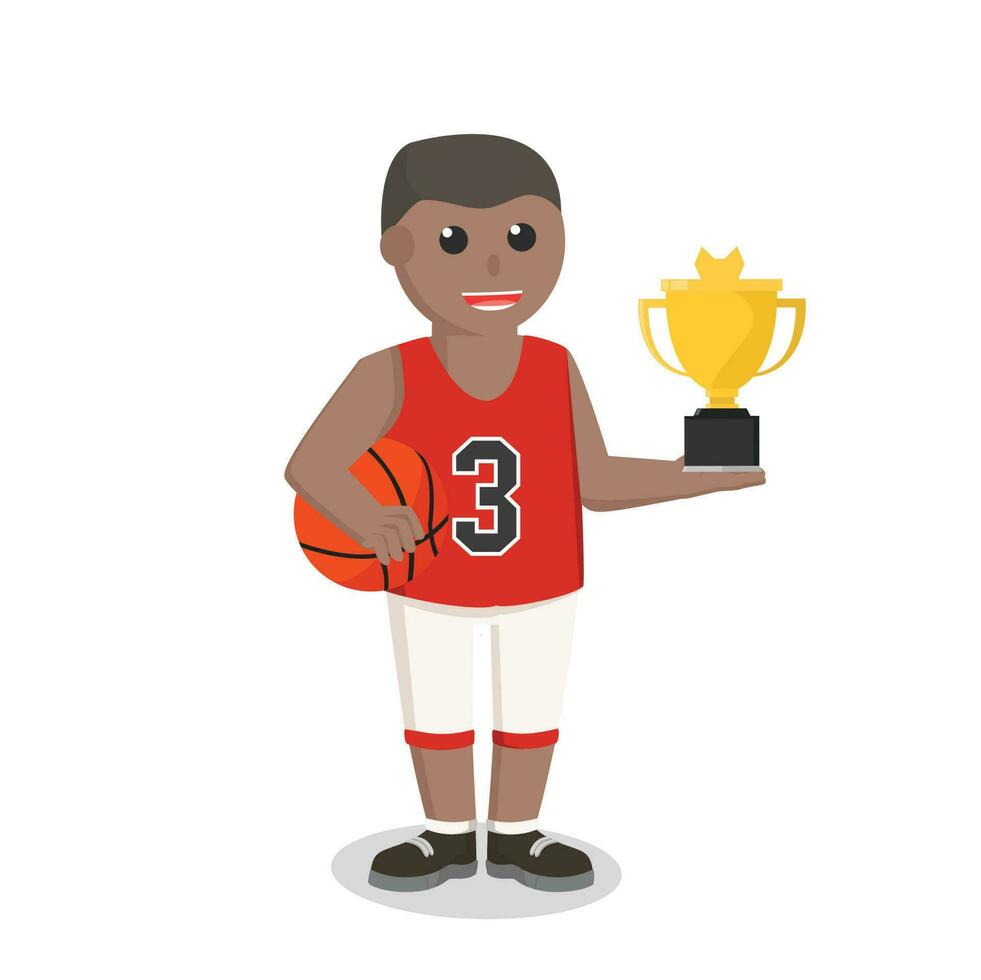 baloncesto jugador africano tiene trofeo diseño personaje en blanco antecedentes vector