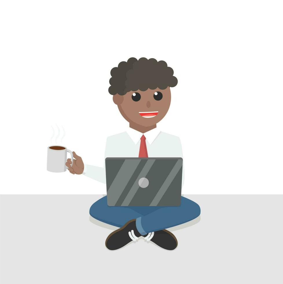 empresario africano trabajo por ordenador portátil con café diseño personaje en blanco antecedentes vector