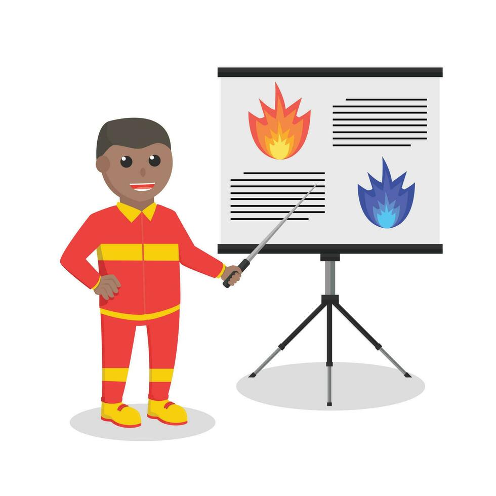 bombero africano dando presentación información diseño personaje en blanco antecedentes vector