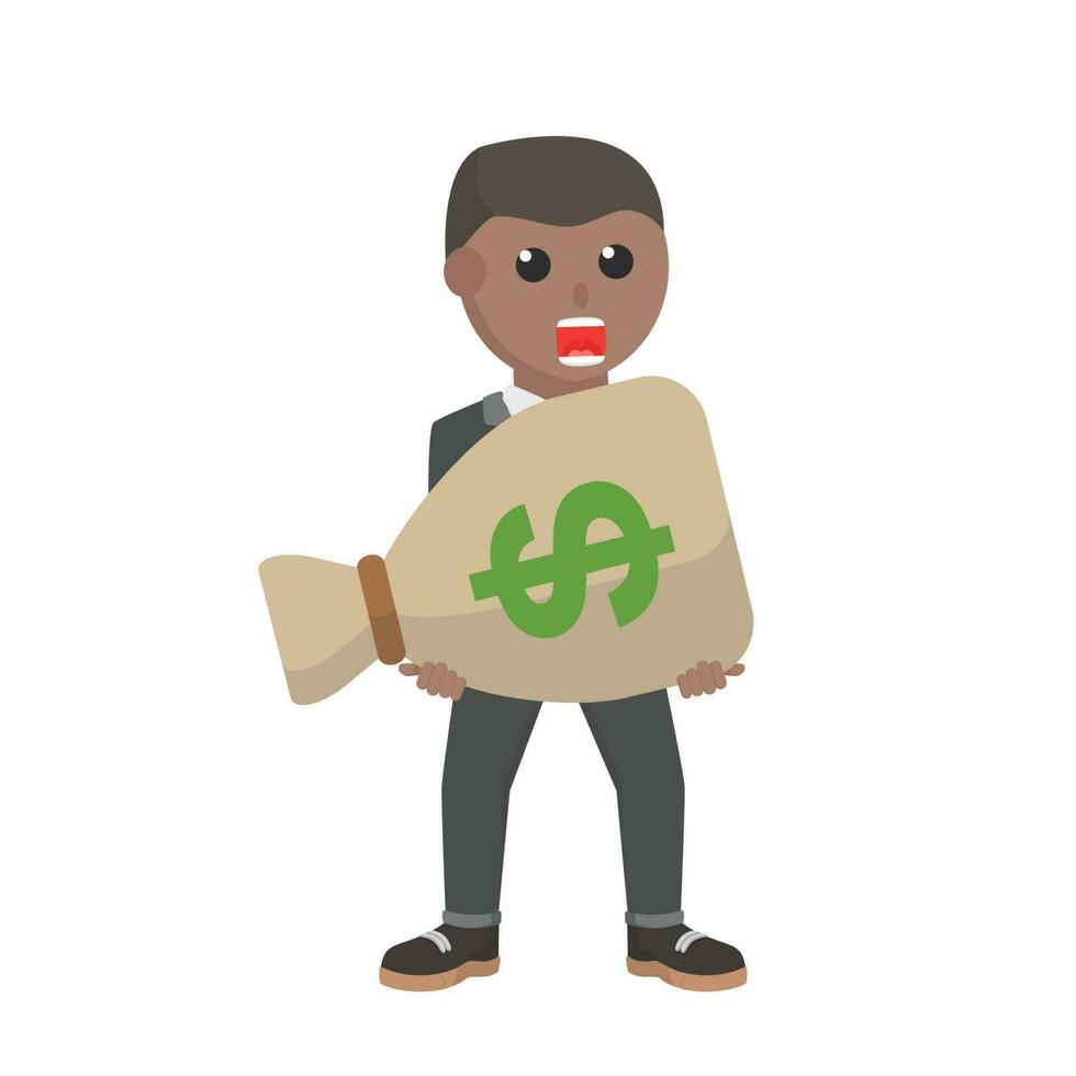 empresario africano que lleva grande saco de dinero diseño personaje en blanco antecedentes vector