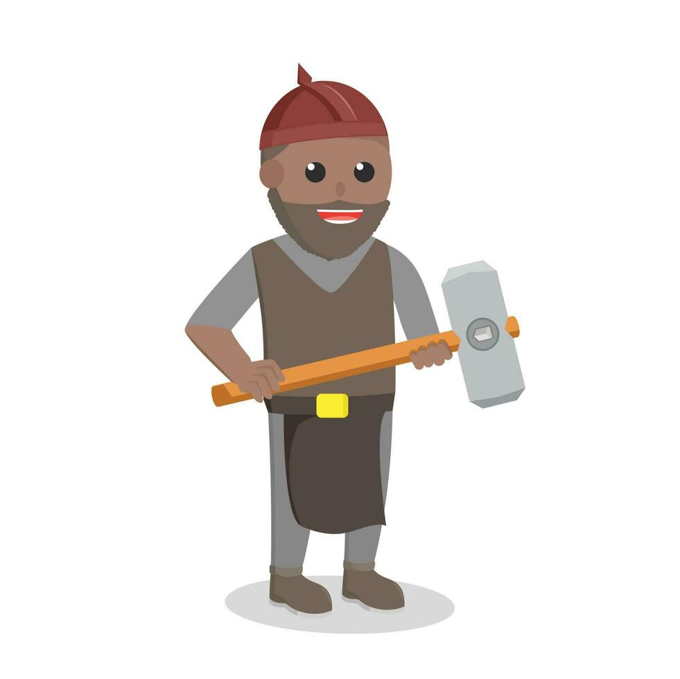 Ethnic Dwarf Warrior african Hold Sledge Hammer design character on white background vector