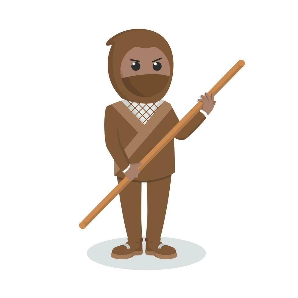 ninja africano con de madera palo diseño personaje en blanco antecedentes vector