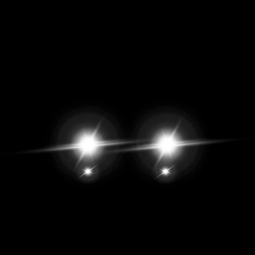 Vehicle headlight. Front view beam of lights. Vector illustration isolated on dark background