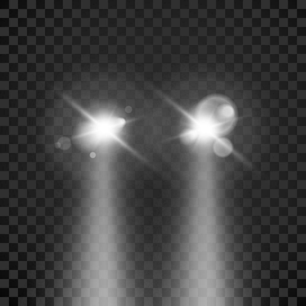 Vehicle headlight. Front view beam of lights. Vector illustration isolated on transparent background