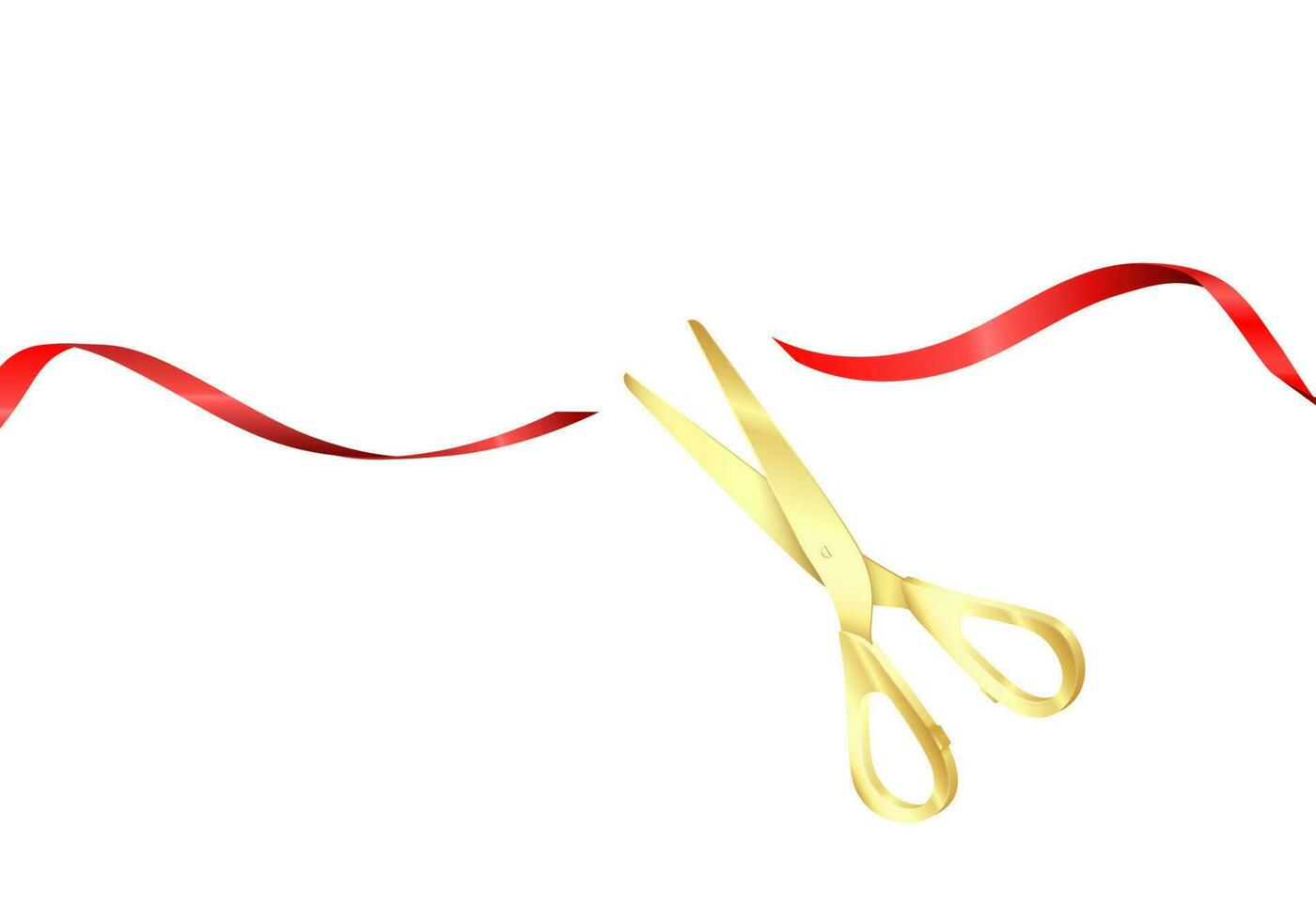 Grand opening ceremony. Golden scissors cut red silk ribbon. Start celebration. Vector realistic illustration isolated on white