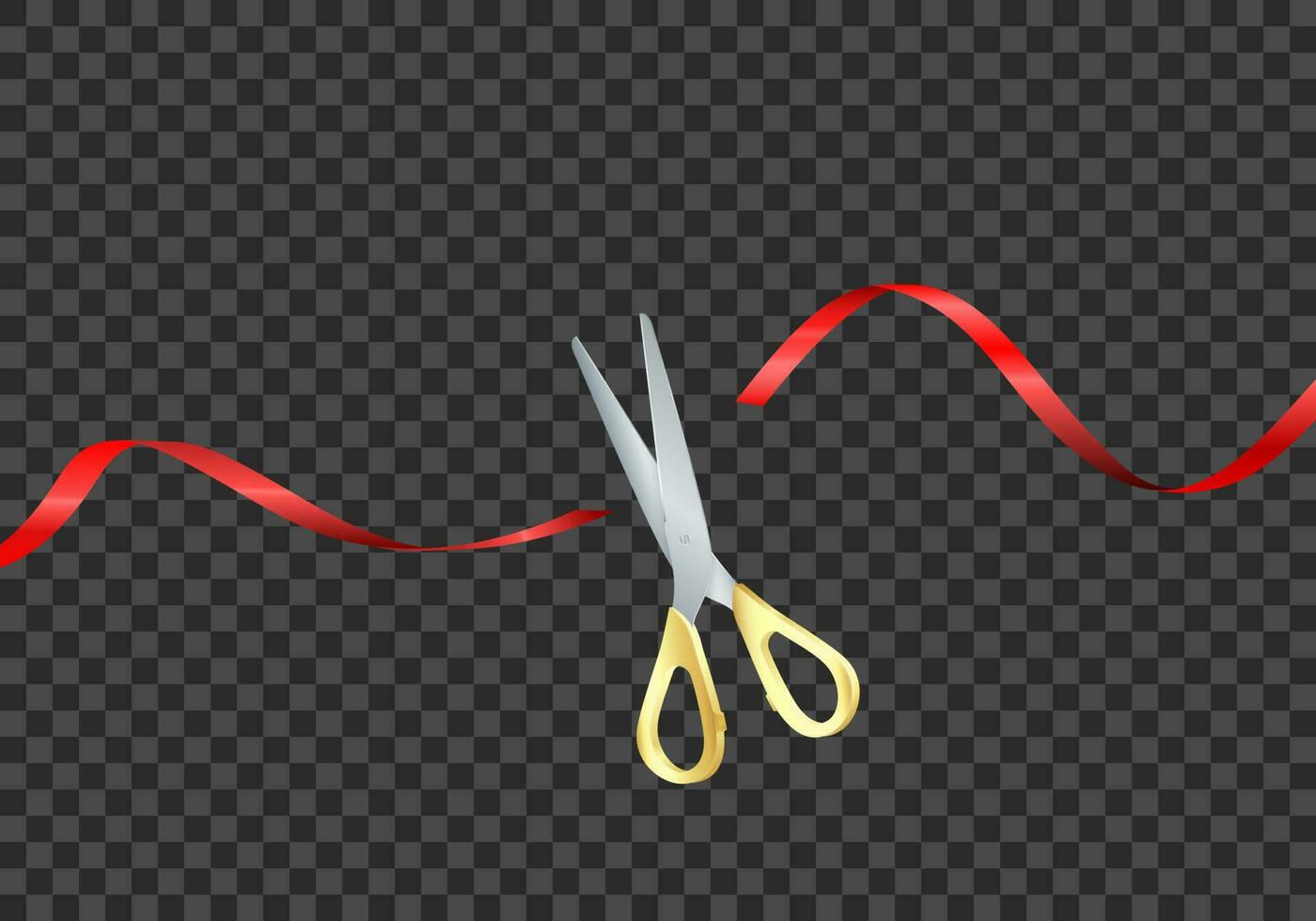 Scissors with golden handles cut red silk ribbon. Grand opening ceremony. Start celebration. Vector